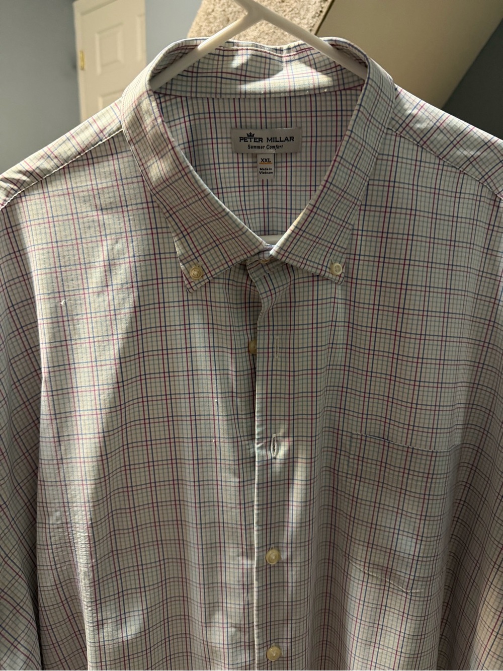 Peter Millar White Shirt with Pink and Blue Windowpane Plaid